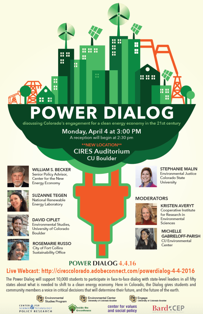 Poster of Power Dialogue event with thumbnails of speakers and image of a city scape on a cloud with wind turbines on top