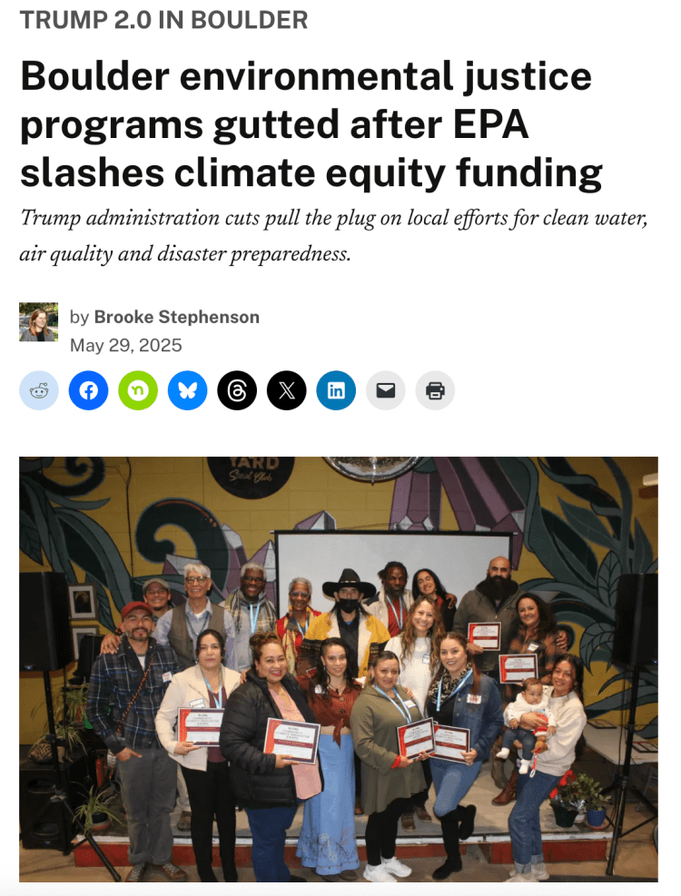 Screenshot of article with group photo from recent FLOWS Community Climate Innovator Climate Justice awards ceremony