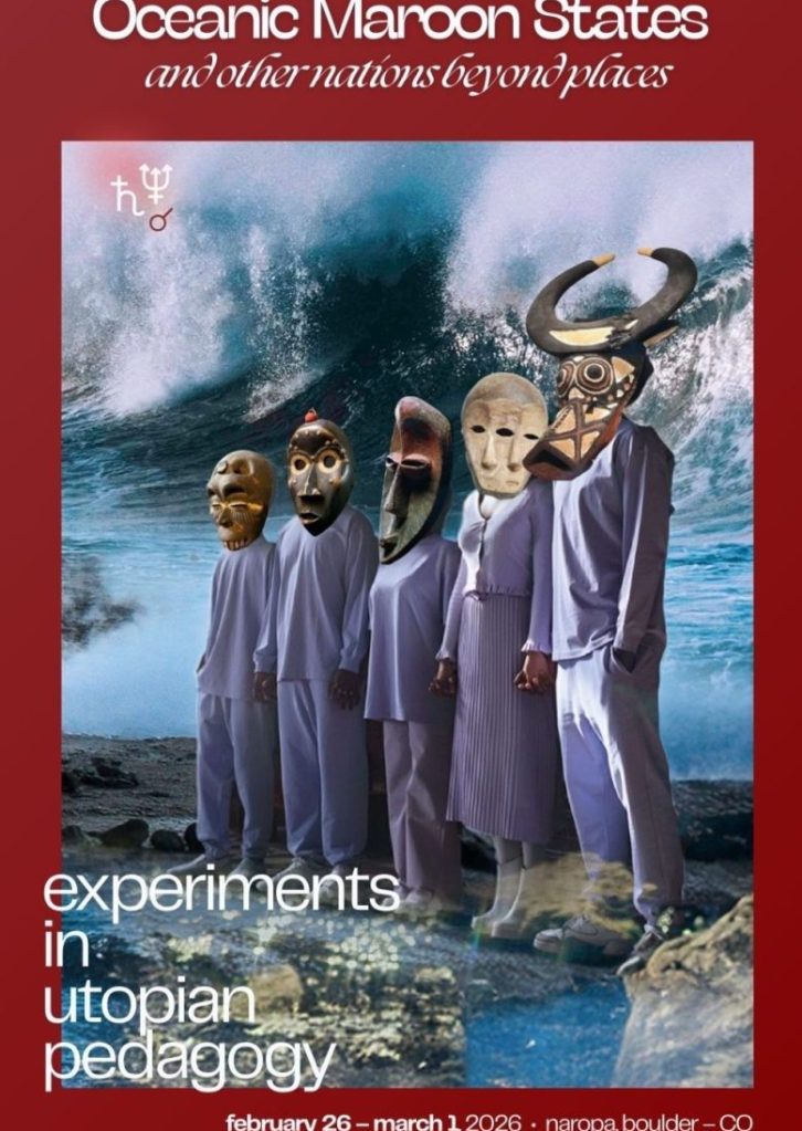 Afrofuturism conference flyer with huge ocean wave behind 5 people wearing artistically large African masks